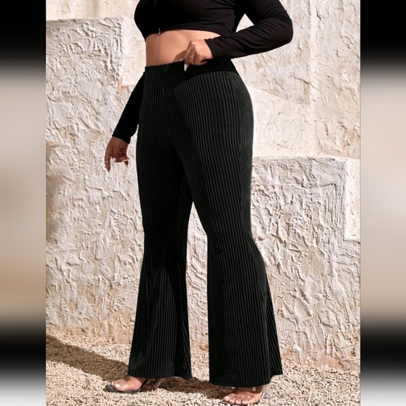 SHEIN SXY Plus High Waisted Rise Rib-knit Flare Leg Pants Stretchy Black Boho - Picture 7 of 7